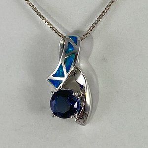 Opal and Deep Blue 1 Ct Sapphire Pendant w/Chain